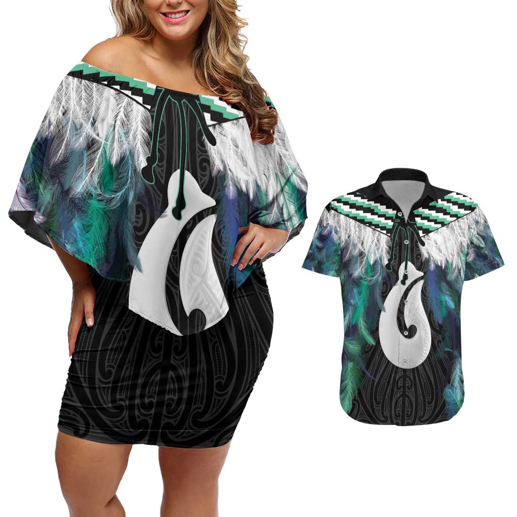 Aotearoa Korowai Motif Couples Matching Off Shoulder Short Dress and Hawaiian Shirt Hei Matau Poutama Maori Pattern