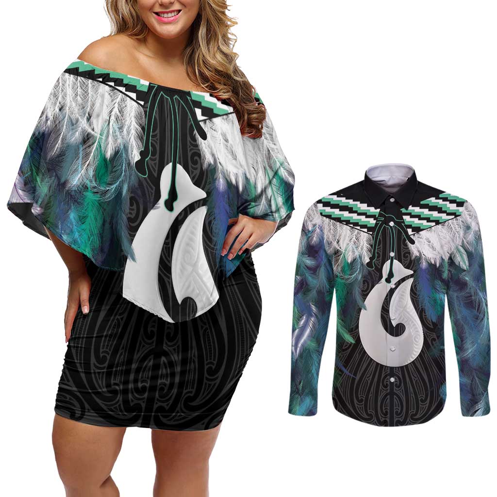Aotearoa Korowai Motif Couples Matching Off Shoulder Short Dress and Long Sleeve Button Shirt Hei Matau Poutama Maori Pattern