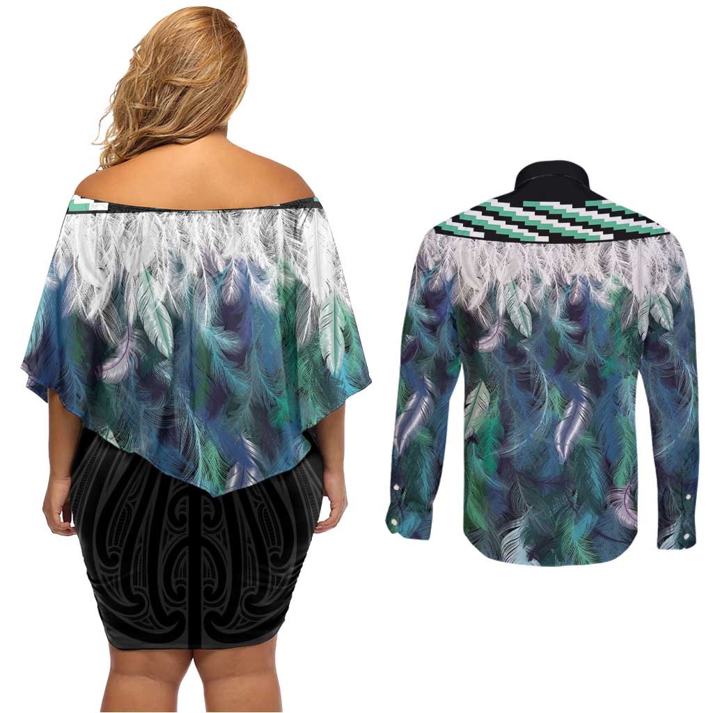 Aotearoa Korowai Motif Couples Matching Off Shoulder Short Dress and Long Sleeve Button Shirt Hei Matau Poutama Maori Pattern