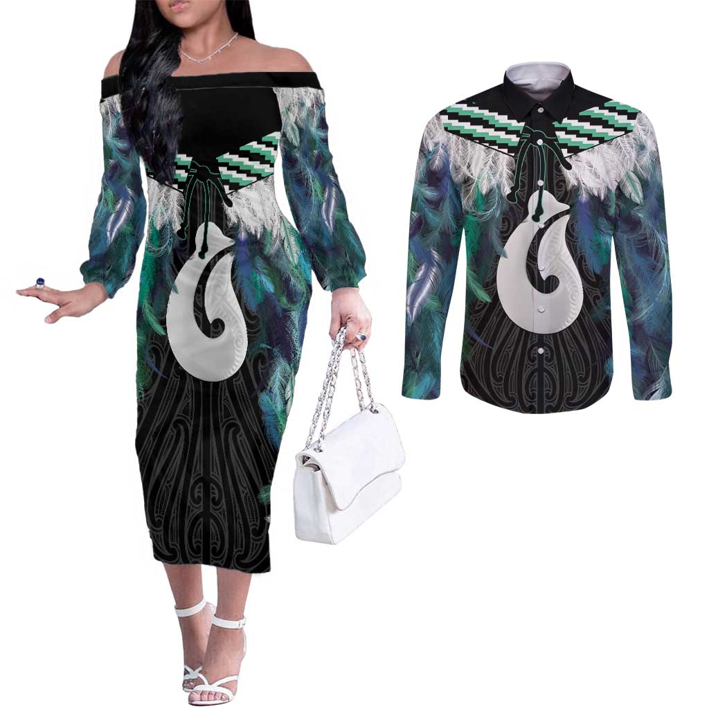 Aotearoa Korowai Motif Couples Matching Off The Shoulder Long Sleeve Dress and Long Sleeve Button Shirt Hei Matau Poutama Maori Pattern