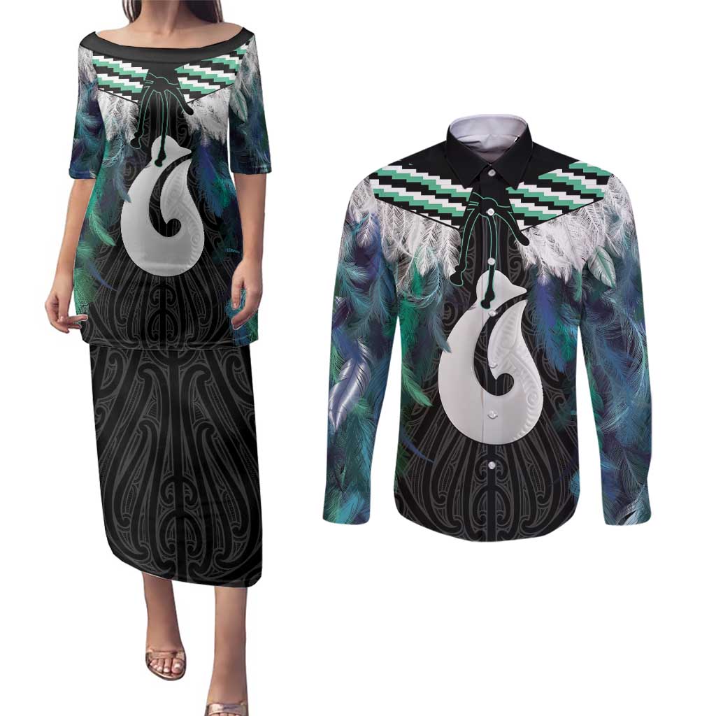 Aotearoa Korowai Motif Couples Matching Puletasi and Long Sleeve Button Shirt Hei Matau Poutama Maori Pattern