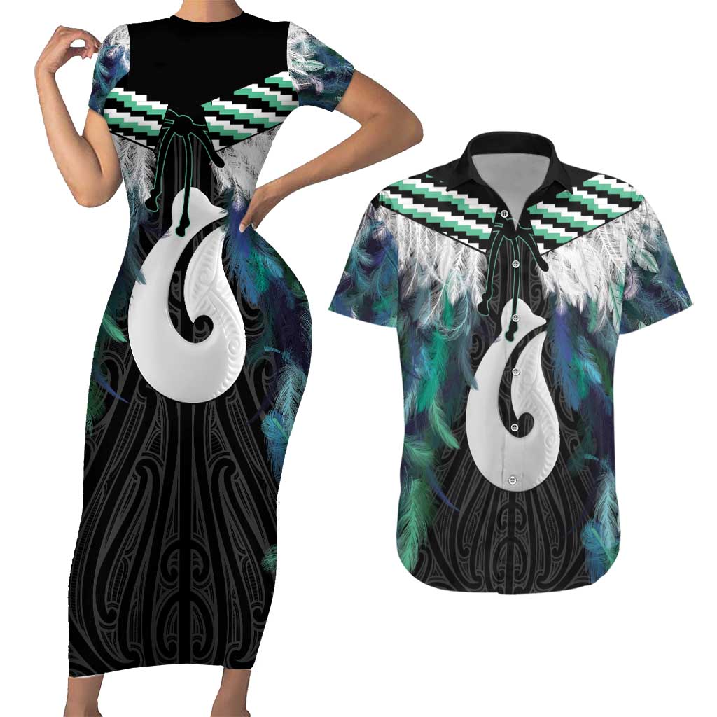 Aotearoa Korowai Motif Couples Matching Short Sleeve Bodycon Dress and Hawaiian Shirt Hei Matau Poutama Maori Pattern