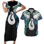 Aotearoa Korowai Motif Couples Matching Short Sleeve Bodycon Dress and Hawaiian Shirt Hei Matau Poutama Maori Pattern