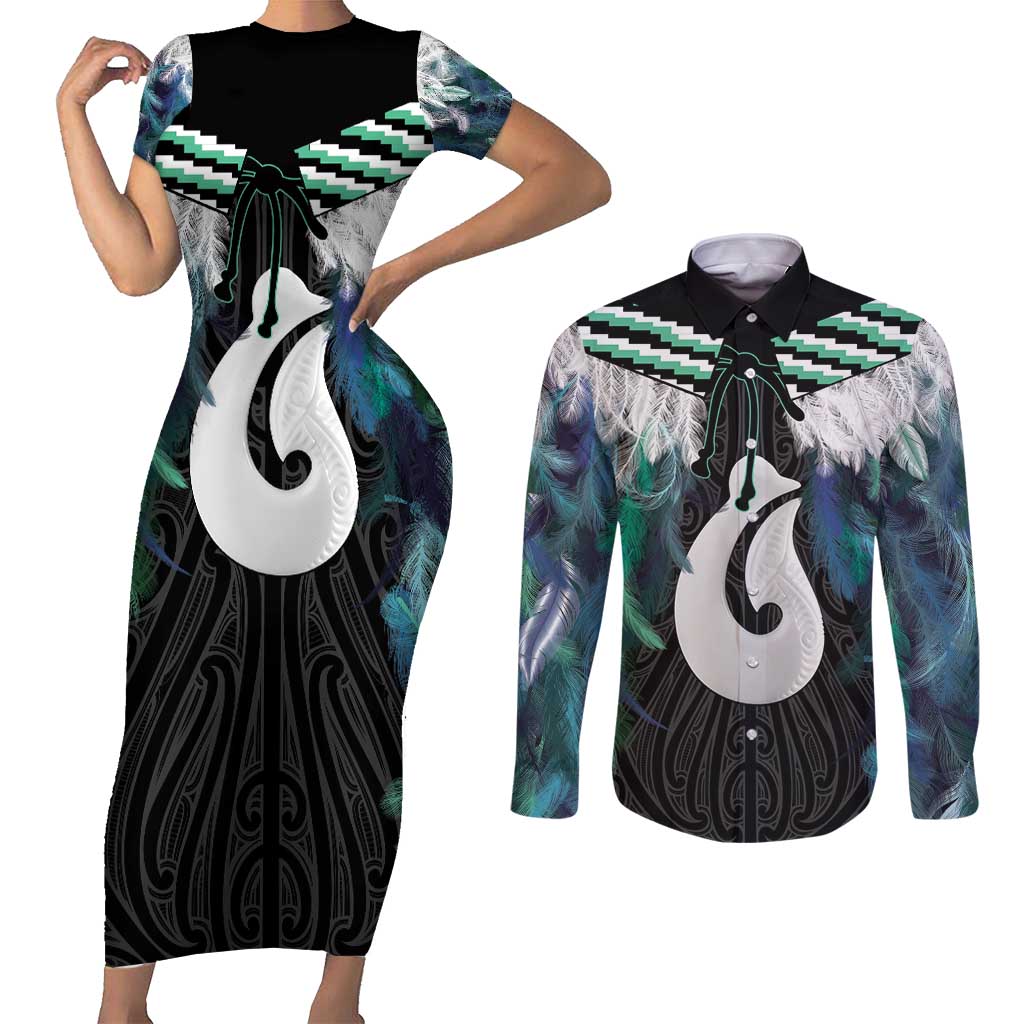 Aotearoa Korowai Motif Couples Matching Short Sleeve Bodycon Dress and Long Sleeve Button Shirt Hei Matau Poutama Maori Pattern