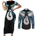 Aotearoa Korowai Motif Couples Matching Short Sleeve Bodycon Dress and Long Sleeve Button Shirt Hei Matau Poutama Maori Pattern