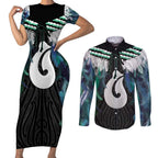 Aotearoa Korowai Motif Couples Matching Short Sleeve Bodycon Dress and Long Sleeve Button Shirt Hei Matau Poutama Maori Pattern