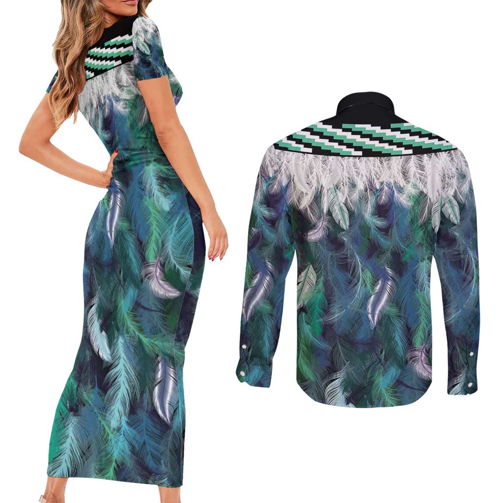 Aotearoa Korowai Motif Couples Matching Short Sleeve Bodycon Dress and Long Sleeve Button Shirt Hei Matau Poutama Maori Pattern