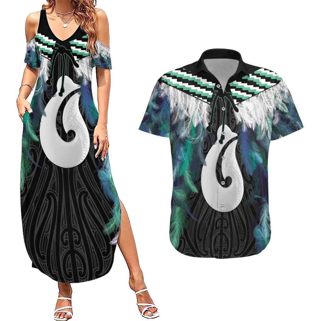Aotearoa Korowai Motif Couples Matching Summer Maxi Dress and Hawaiian Shirt Hei Matau Poutama Maori Pattern