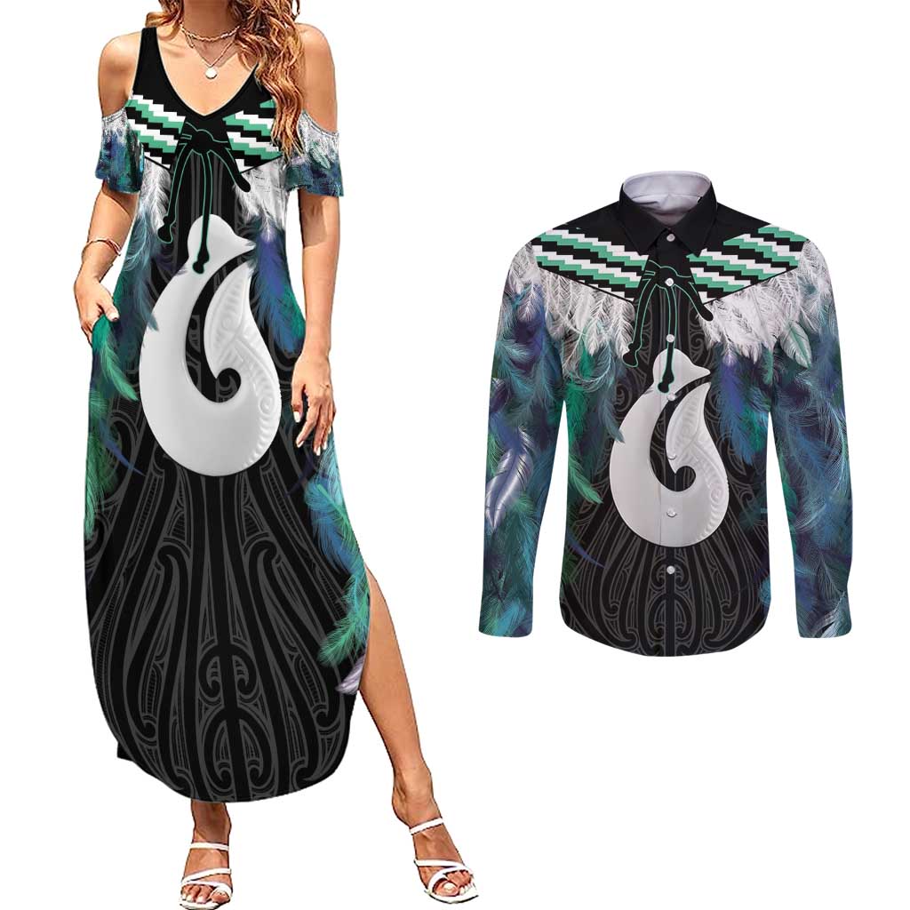 Aotearoa Korowai Motif Couples Matching Summer Maxi Dress and Long Sleeve Button Shirt Hei Matau Poutama Maori Pattern