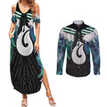 Aotearoa Korowai Motif Couples Matching Summer Maxi Dress and Long Sleeve Button Shirt Hei Matau Poutama Maori Pattern