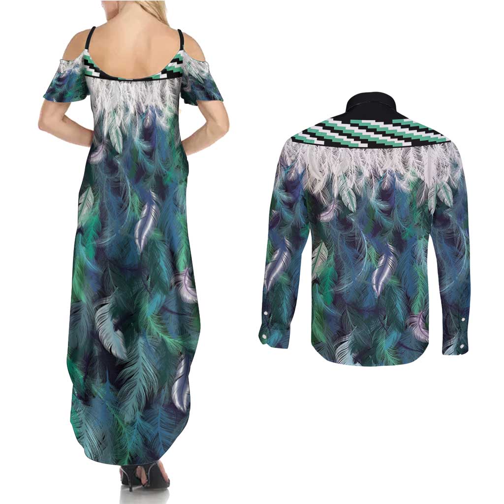 Aotearoa Korowai Motif Couples Matching Summer Maxi Dress and Long Sleeve Button Shirt Hei Matau Poutama Maori Pattern