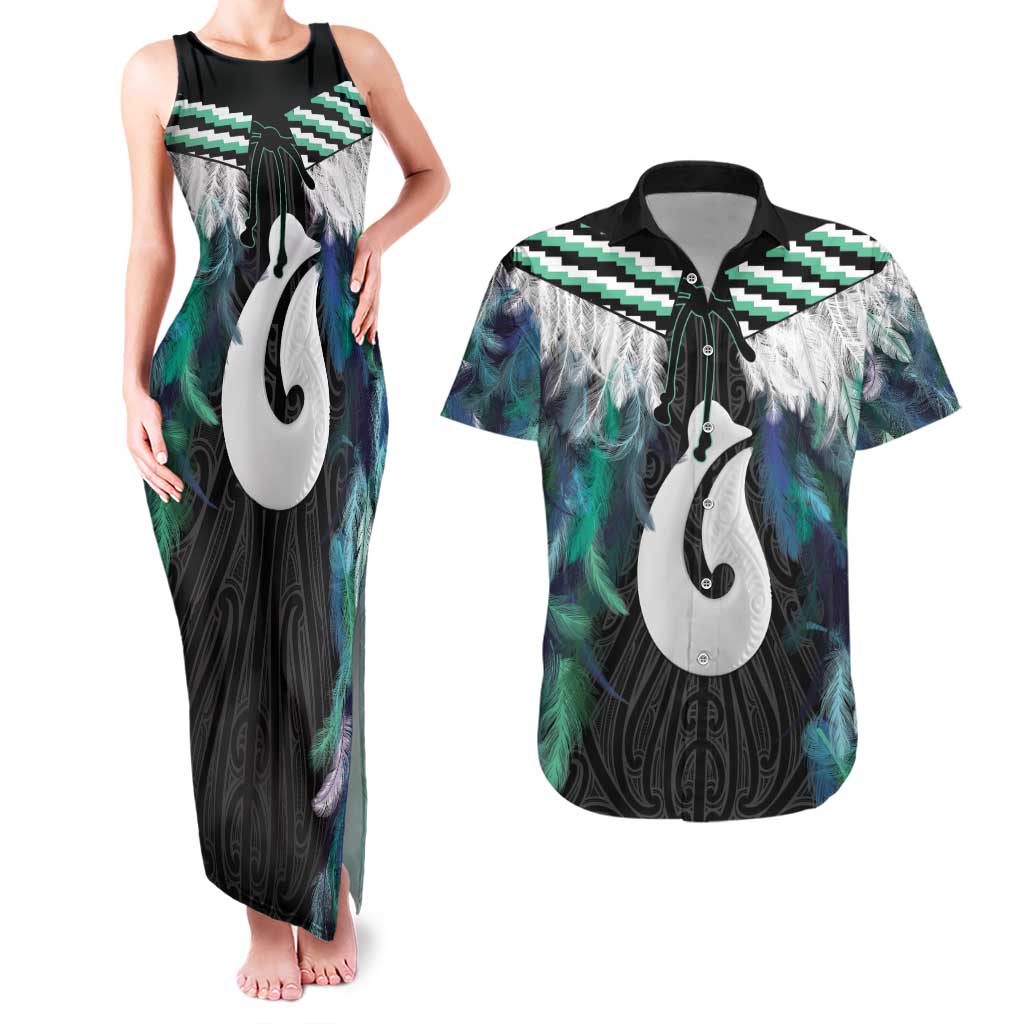 Aotearoa Korowai Motif Couples Matching Tank Maxi Dress and Hawaiian Shirt Hei Matau Poutama Maori Pattern