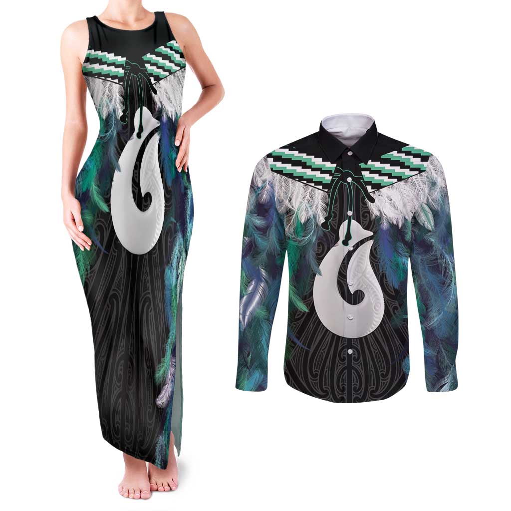 Aotearoa Korowai Motif Couples Matching Tank Maxi Dress and Long Sleeve Button Shirt Hei Matau Poutama Maori Pattern
