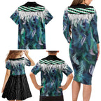 Aotearoa Korowai Motif Family Matching Long Sleeve Bodycon Dress and Hawaiian Shirt Hei Matau Poutama Maori Pattern