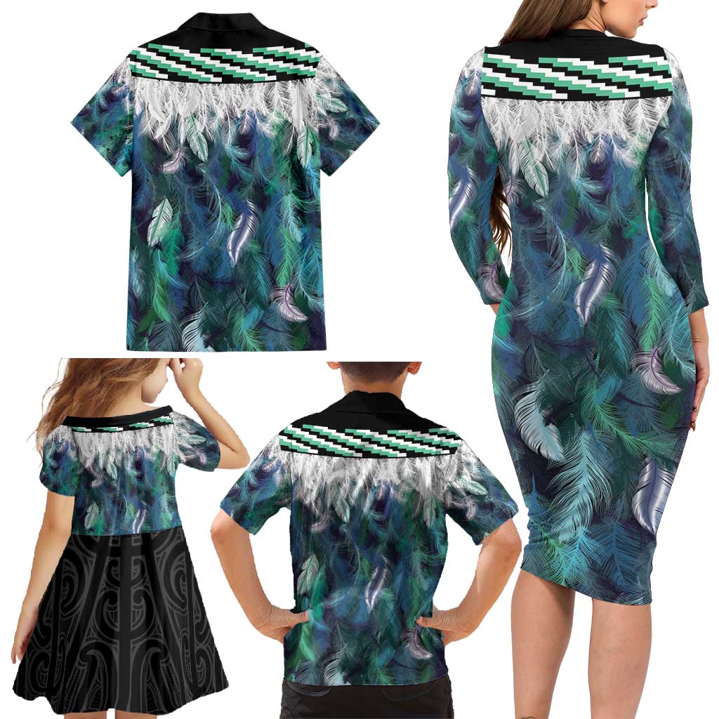 Aotearoa Korowai Motif Family Matching Long Sleeve Bodycon Dress and Hawaiian Shirt Hei Matau Poutama Maori Pattern