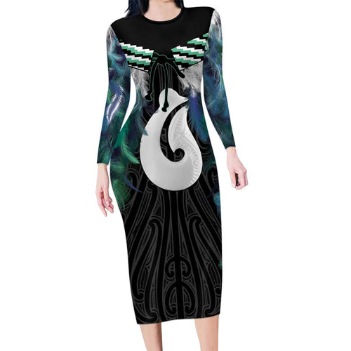 Aotearoa Korowai Motif Family Matching Long Sleeve Bodycon Dress and Hawaiian Shirt Hei Matau Poutama Maori Pattern