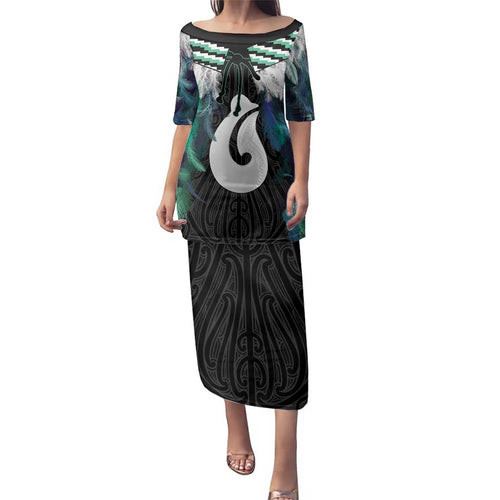 Aotearoa Korowai Motif Family Matching Puletasi and Hawaiian Shirt Hei Matau Poutama Maori Pattern