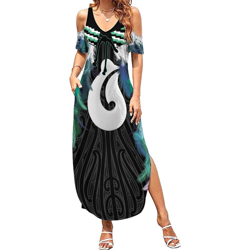 Aotearoa Korowai Motif Family Matching Summer Maxi Dress and Hawaiian Shirt Hei Matau Poutama Maori Pattern