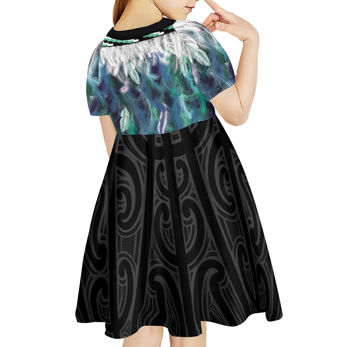 Aotearoa Korowai Motif Kid Short Sleeve Dress Hei Matau Poutama Maori Pattern