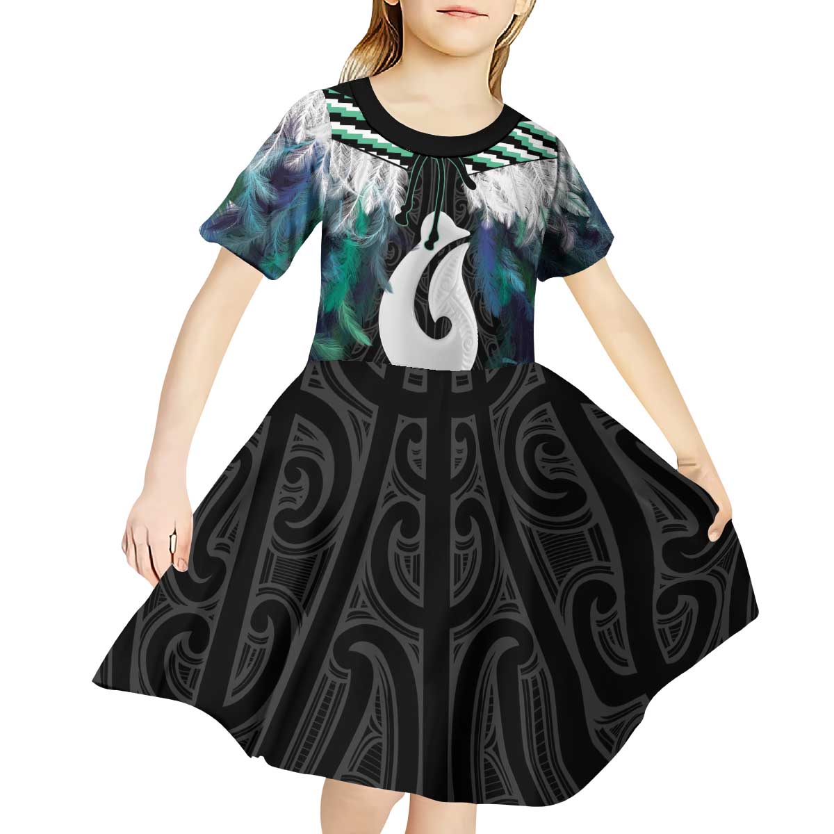 Aotearoa Korowai Motif Kid Short Sleeve Dress Hei Matau Poutama Maori Pattern