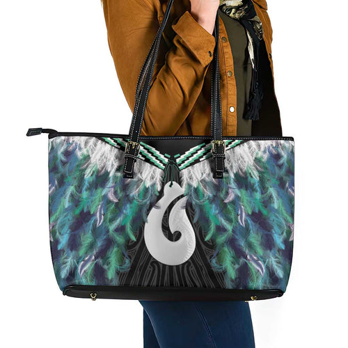 Aotearoa Korowai Motif Leather Tote Bag Hei Matau Poutama Maori Pattern