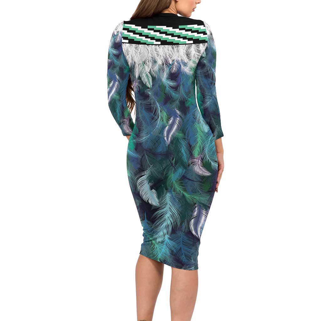 Aotearoa Korowai Motif Long Sleeve Bodycon Dress Hei Matau Poutama Maori Pattern