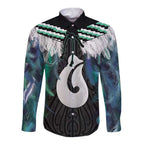 Aotearoa Korowai Motif Long Sleeve Button Shirt Hei Matau Poutama Maori Pattern