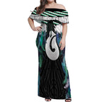Aotearoa Korowai Motif Off Shoulder Maxi Dress Hei Matau Poutama Maori Pattern