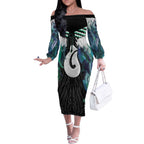 Aotearoa Korowai Motif Off The Shoulder Long Sleeve Dress Hei Matau Poutama Maori Pattern