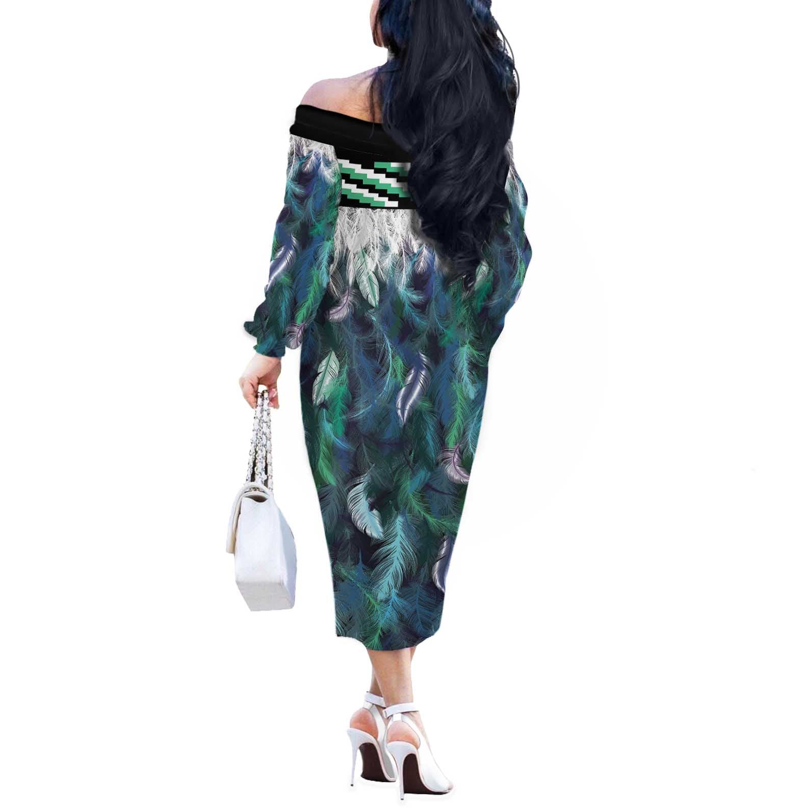 Aotearoa Korowai Motif Off The Shoulder Long Sleeve Dress Hei Matau Poutama Maori Pattern