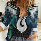 Aotearoa Korowai Motif Women Casual Shirt Hei Matau Poutama Maori Pattern