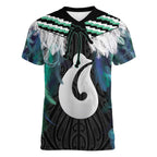 Aotearoa Korowai Motif Women V-Neck T-Shirt Hei Matau Poutama Maori Pattern