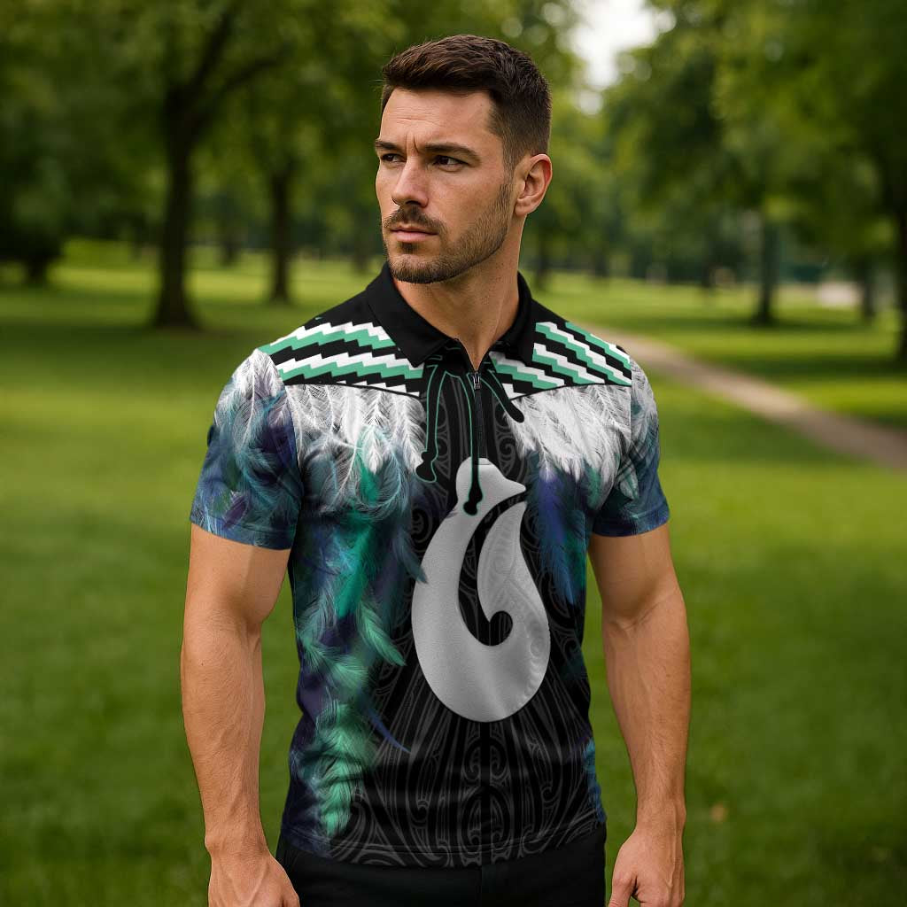 Aotearoa Korowai Motif Zipper Polo Shirt Hei Matau Poutama Maori Pattern - Aussie Hoodie