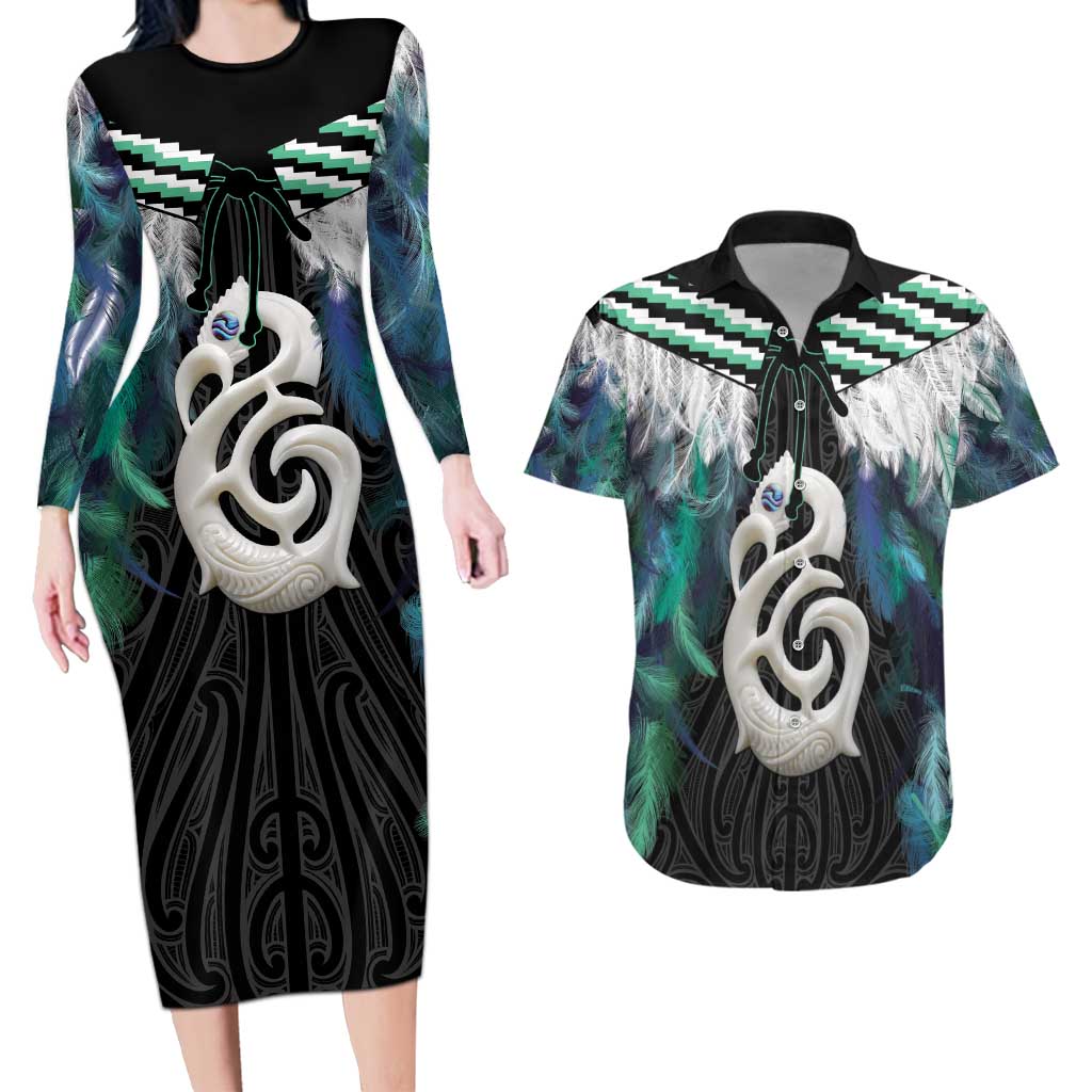 Aotearoa Korowai Motif Couples Matching Long Sleeve Bodycon Dress and Hawaiian Shirt Hei Manaia Poutama Maori Pattern