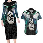 Aotearoa Korowai Motif Couples Matching Long Sleeve Bodycon Dress and Hawaiian Shirt Hei Manaia Poutama Maori Pattern