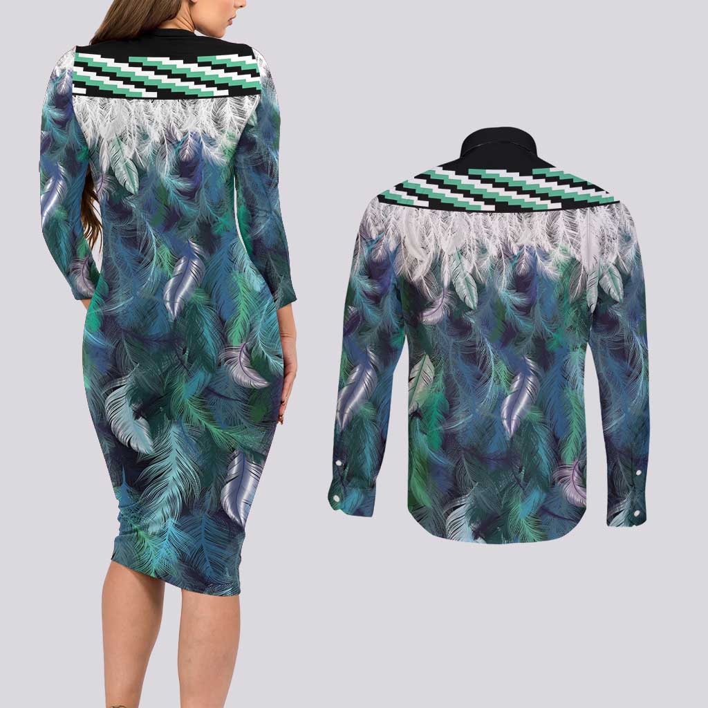 Aotearoa Korowai Motif Couples Matching Long Sleeve Bodycon Dress and Long Sleeve Button Shirt Hei Manaia Poutama Maori Pattern