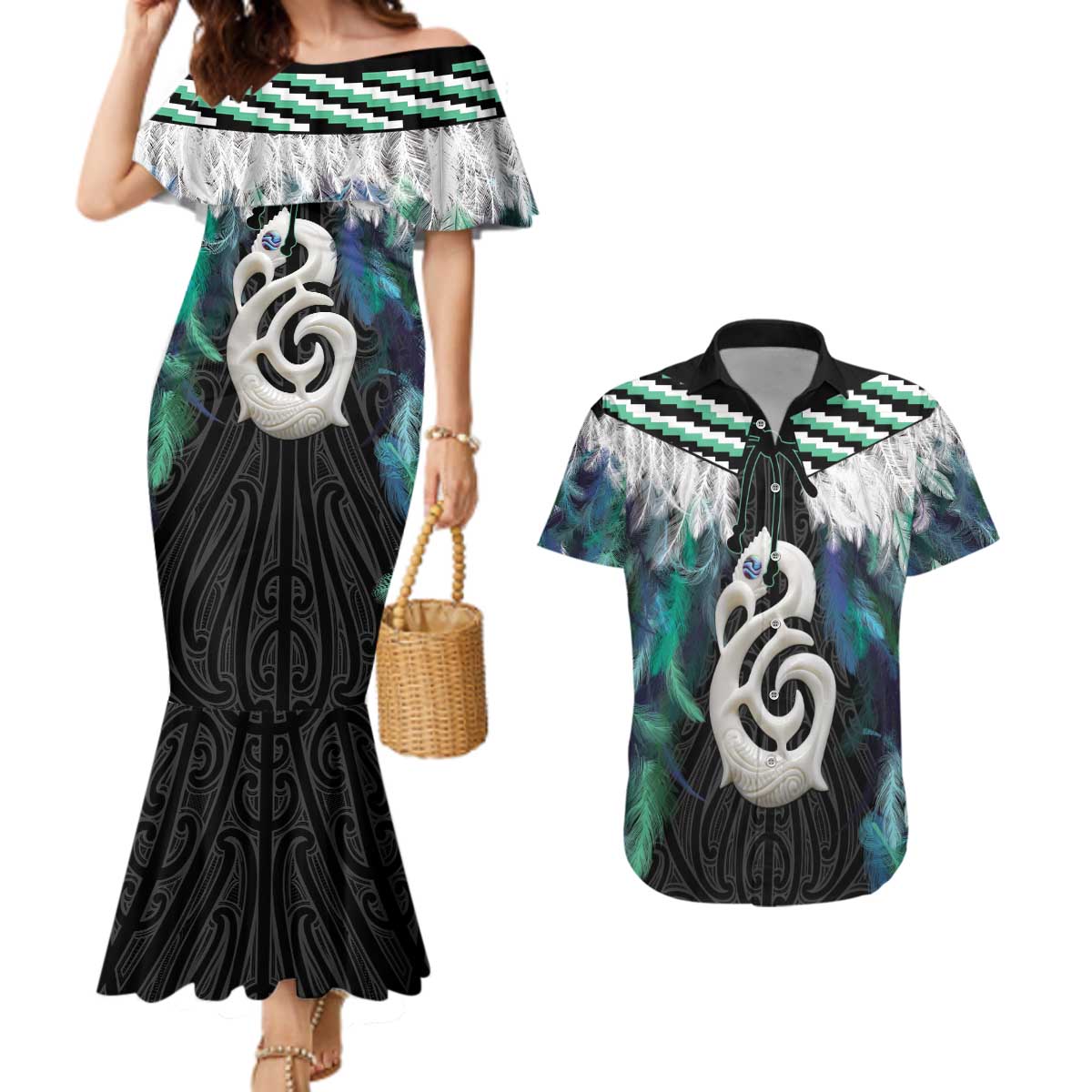 Aotearoa Korowai Motif Couples Matching Mermaid Dress and Hawaiian Shirt Hei Manaia Poutama Maori Pattern