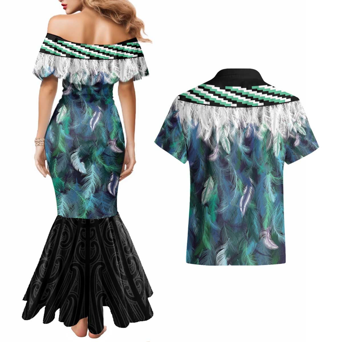 Aotearoa Korowai Motif Couples Matching Mermaid Dress and Hawaiian Shirt Hei Manaia Poutama Maori Pattern
