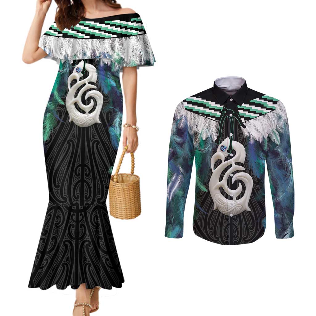 Aotearoa Korowai Motif Couples Matching Mermaid Dress and Long Sleeve Button Shirt Hei Manaia Poutama Maori Pattern