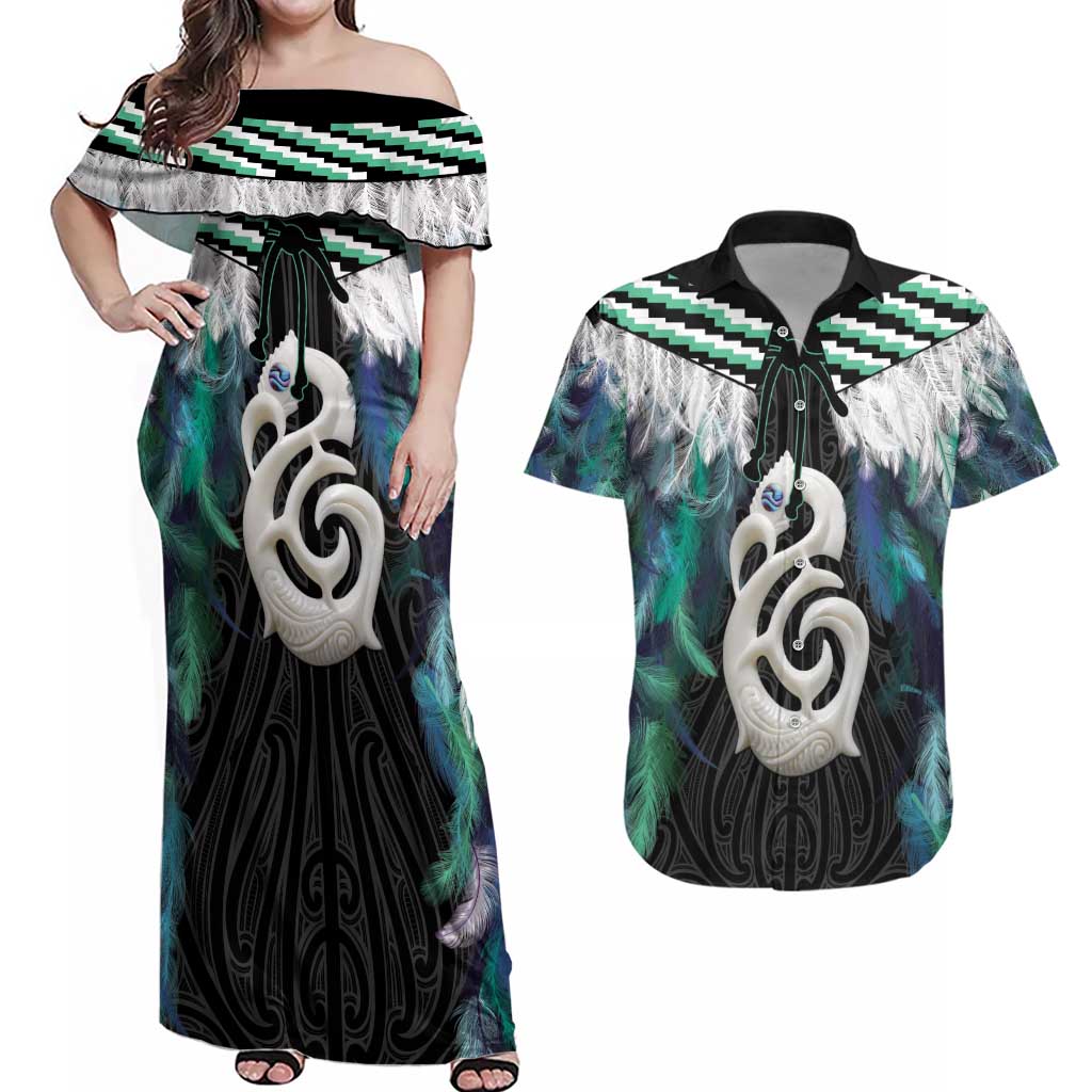 Aotearoa Korowai Motif Couples Matching Off Shoulder Maxi Dress and Hawaiian Shirt Hei Manaia Poutama Maori Pattern