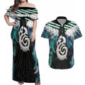 Aotearoa Korowai Motif Couples Matching Off Shoulder Maxi Dress and Hawaiian Shirt Hei Manaia Poutama Maori Pattern