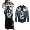 Aotearoa Korowai Motif Couples Matching Off Shoulder Maxi Dress and Long Sleeve Button Shirt Hei Manaia Poutama Maori Pattern