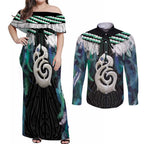 Aotearoa Korowai Motif Couples Matching Off Shoulder Maxi Dress and Long Sleeve Button Shirt Hei Manaia Poutama Maori Pattern