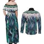 Aotearoa Korowai Motif Couples Matching Off Shoulder Maxi Dress and Long Sleeve Button Shirt Hei Manaia Poutama Maori Pattern