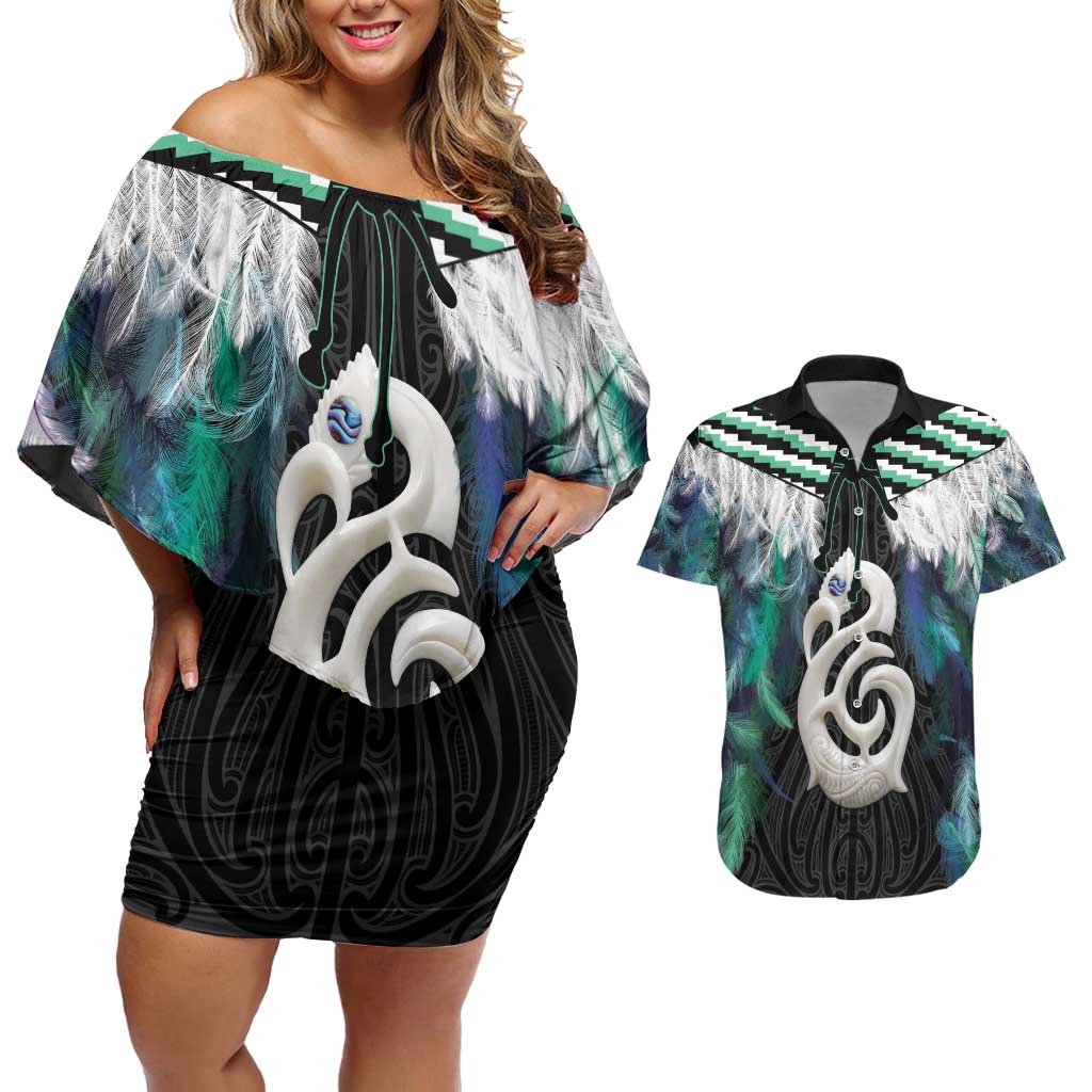 Aotearoa Korowai Motif Couples Matching Off Shoulder Short Dress and Hawaiian Shirt Hei Manaia Poutama Maori Pattern