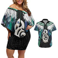 Aotearoa Korowai Motif Couples Matching Off Shoulder Short Dress and Hawaiian Shirt Hei Manaia Poutama Maori Pattern
