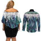 Aotearoa Korowai Motif Couples Matching Off Shoulder Short Dress and Long Sleeve Button Shirt Hei Manaia Poutama Maori Pattern
