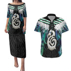 Aotearoa Korowai Motif Couples Matching Puletasi and Hawaiian Shirt Hei Manaia Poutama Maori Pattern