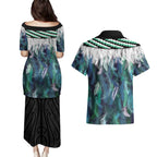 Aotearoa Korowai Motif Couples Matching Puletasi and Hawaiian Shirt Hei Manaia Poutama Maori Pattern