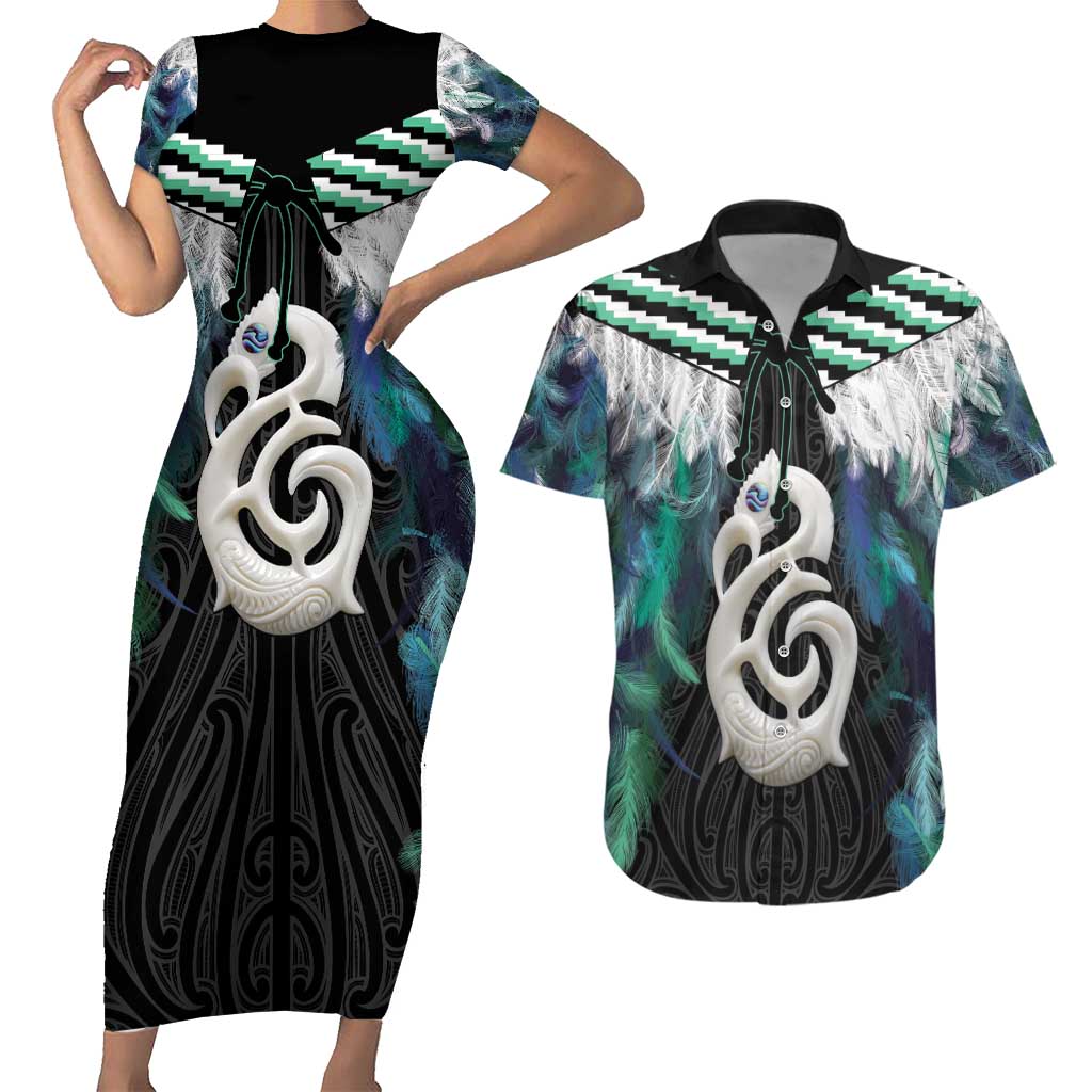 Aotearoa Korowai Motif Couples Matching Short Sleeve Bodycon Dress and Hawaiian Shirt Hei Manaia Poutama Maori Pattern